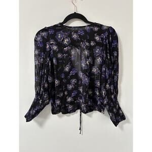 NWT Ganni Top Blouse Printed Floral‎ Georgette Sheer Fairy Boho Black 34 Small